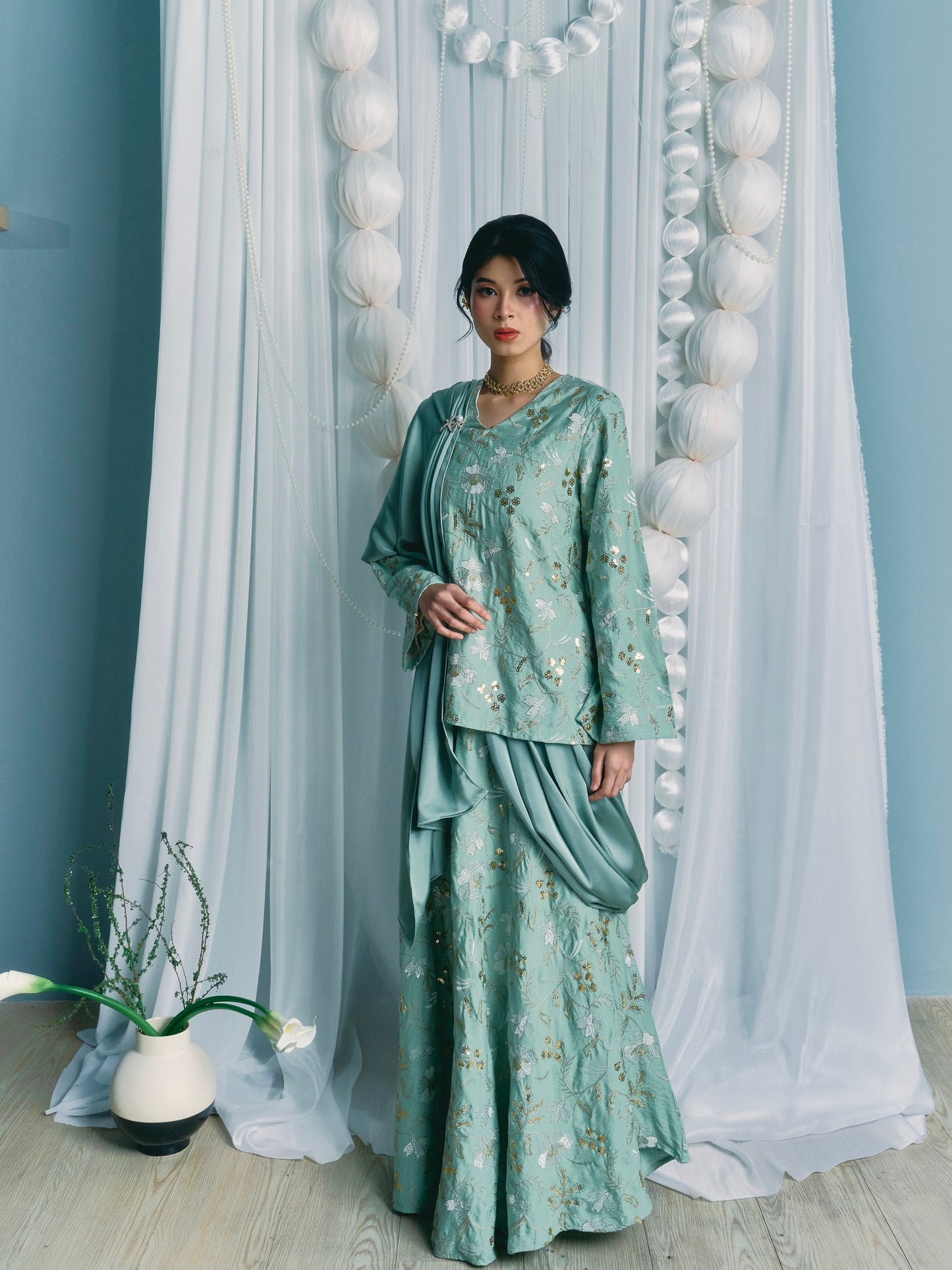 AANYA Lengha Set in Sage Green