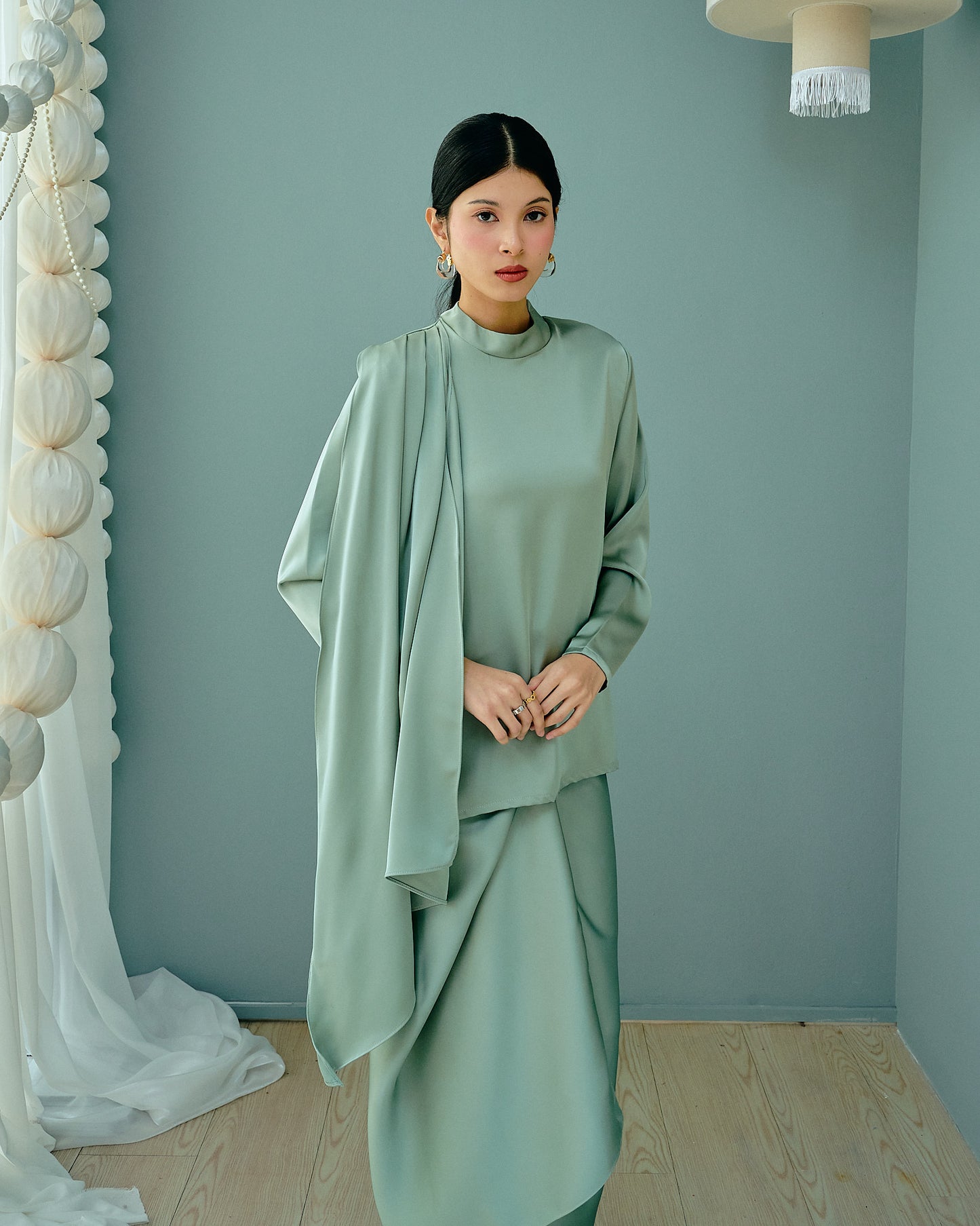 SASKIA Satin Drape Set in Sage Green