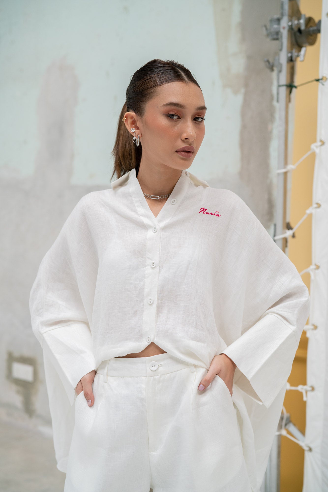 Chloe Linen Batwing Shirt in White