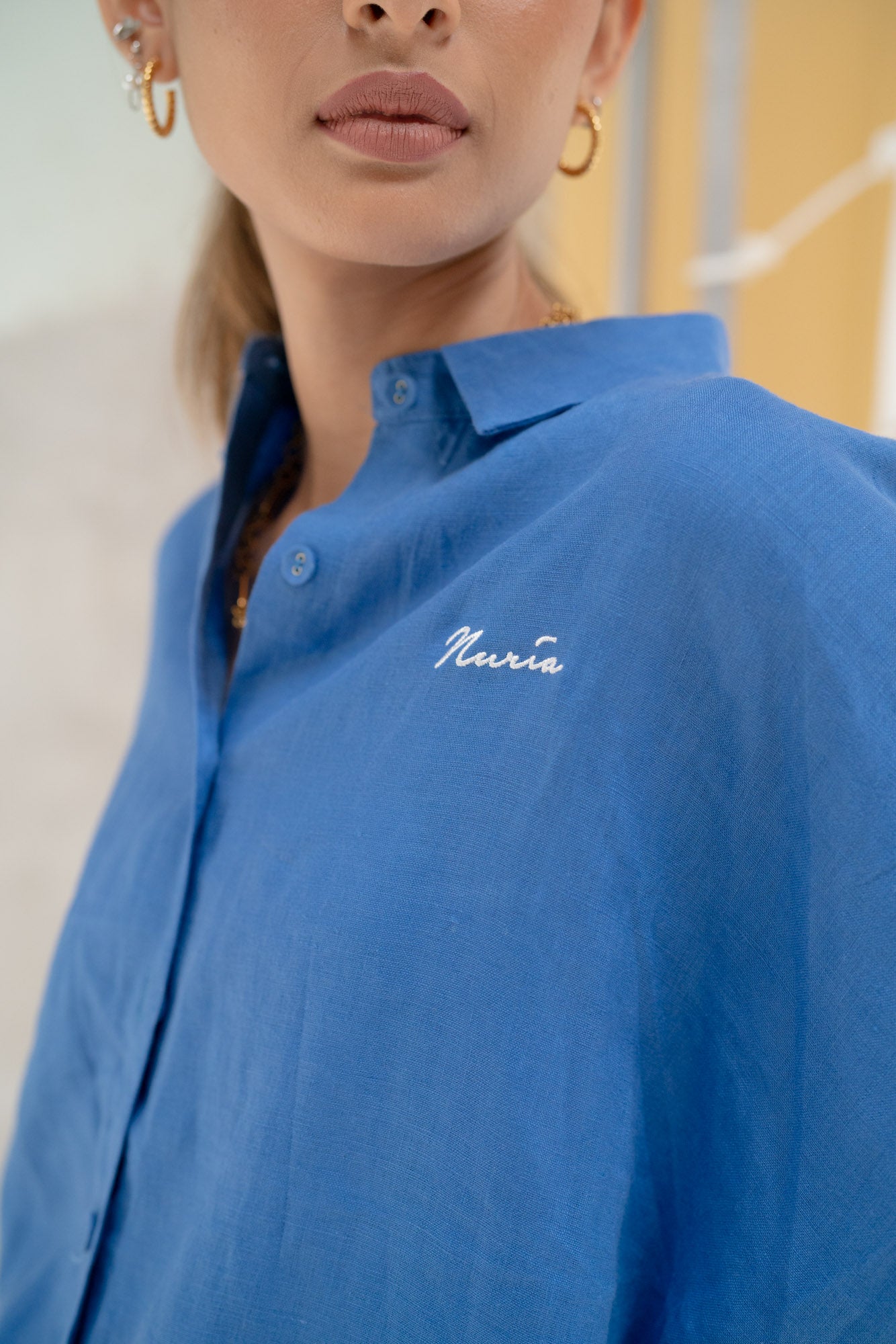 Chloe Linen Batwing Shirt in Blue