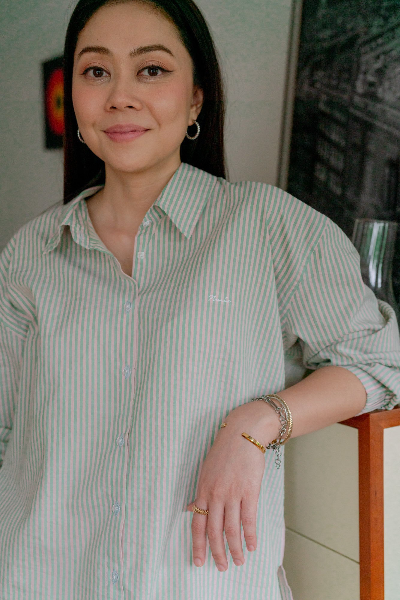 Serena Stripe Shirt in Green / Pink