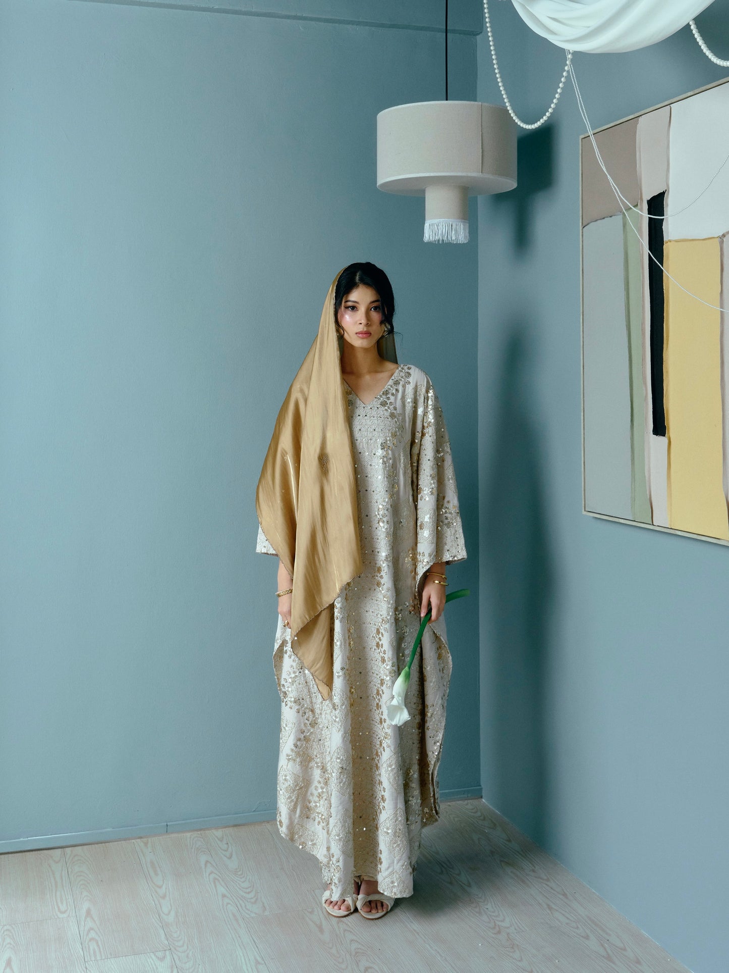 ISHA Beaded Kaftan in Nude Gold