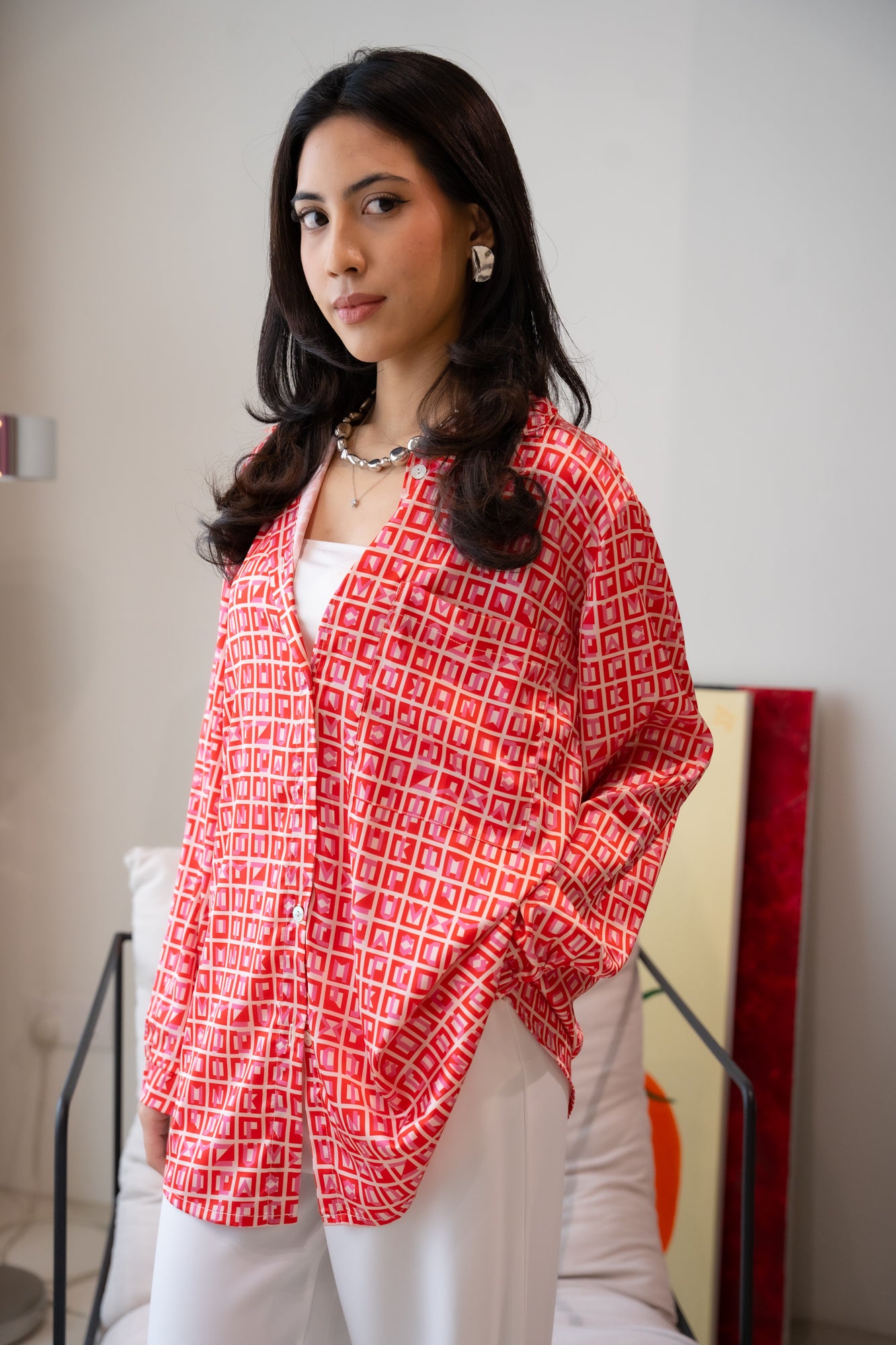 Bianca Satin Shirt in Red/White