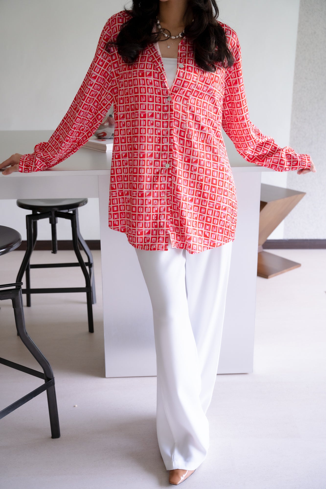 Bianca Satin Shirt in Red/White