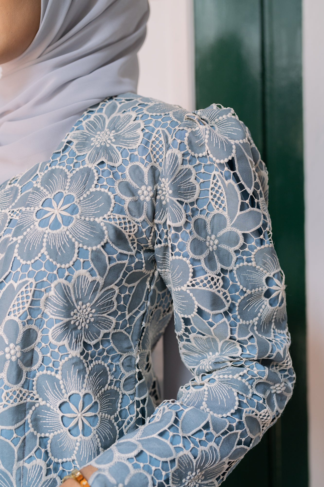 Mentari Kebaya Long Embroidery Top in Baby Blue