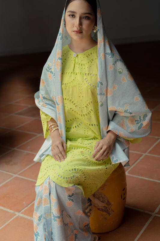 Lastri Print Cotton Selendang in Blue/Peach