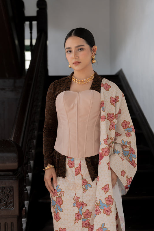 Lastri Print Cotton Selendang in Maroon/Cream