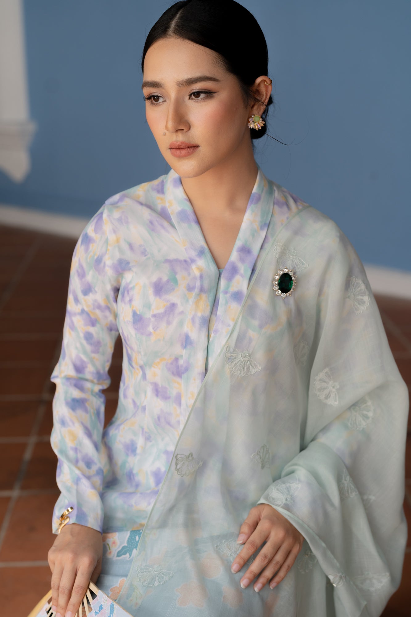 Sari Selendang Kipas Chiffon Organza in Dusty Green