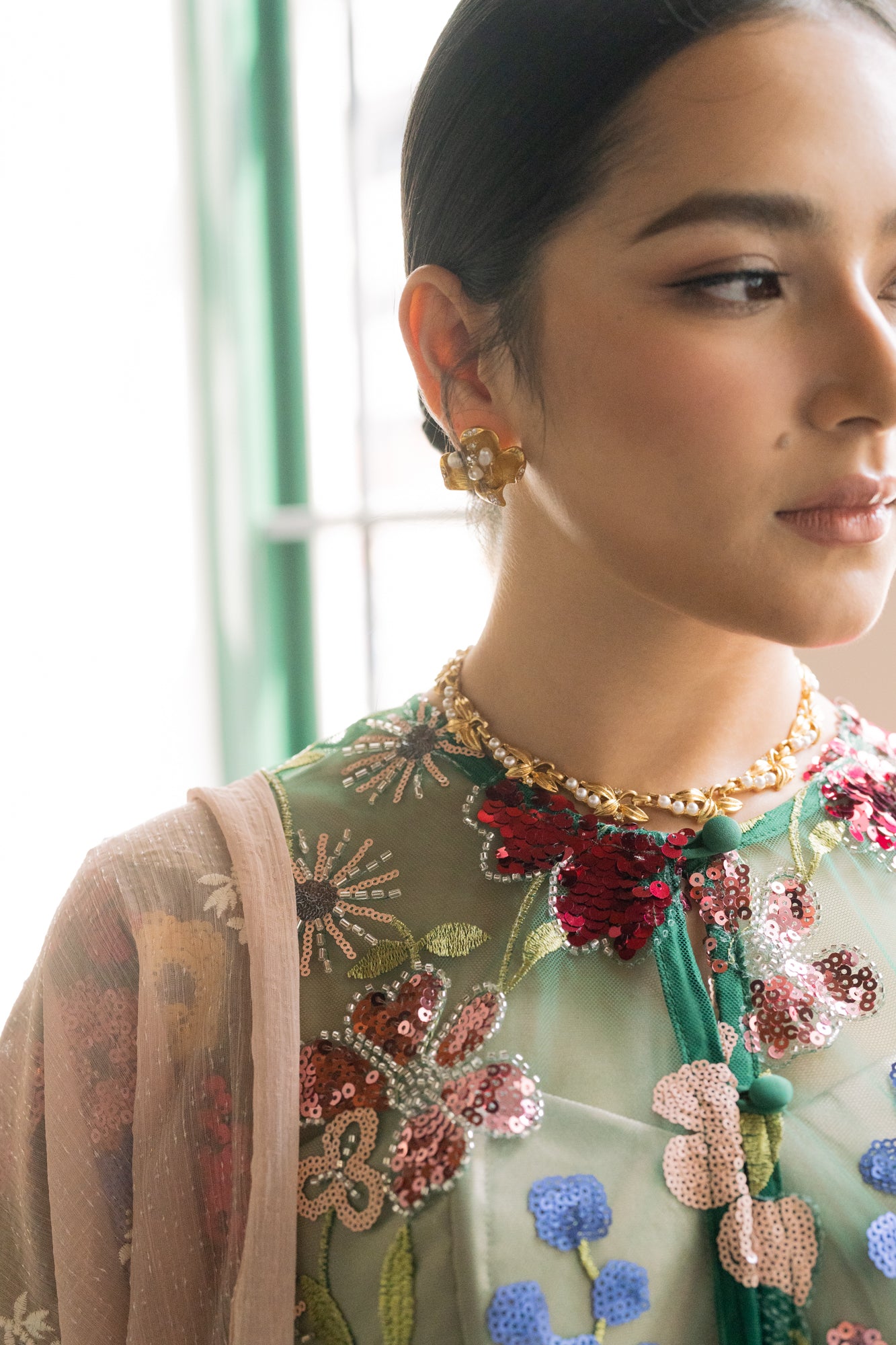 Sekar Net Floral Top in Emerald Green