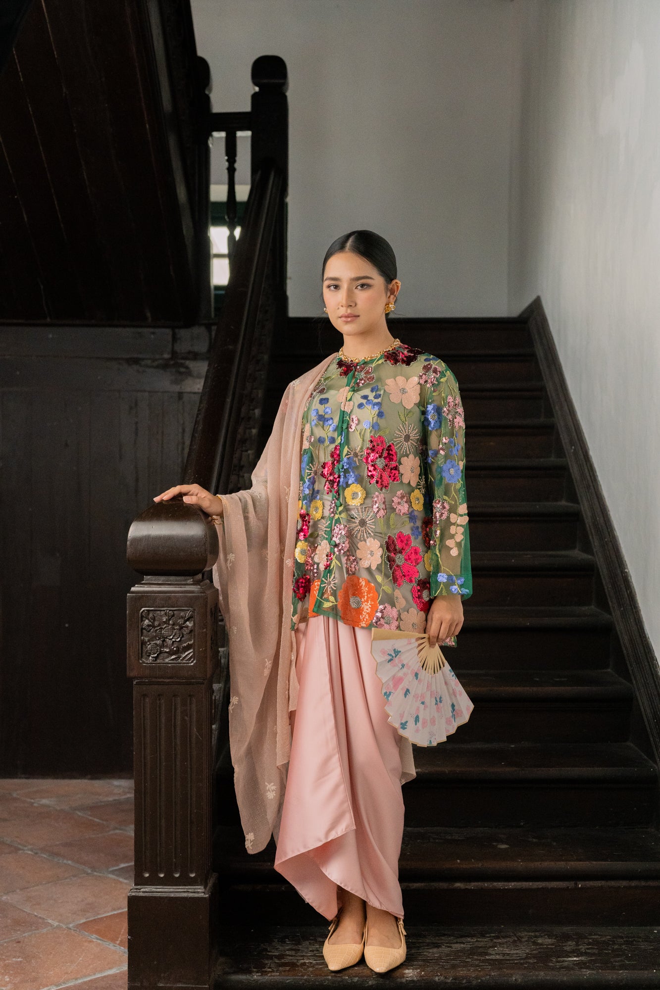 Sekar Net Floral Top in Emerald Green
