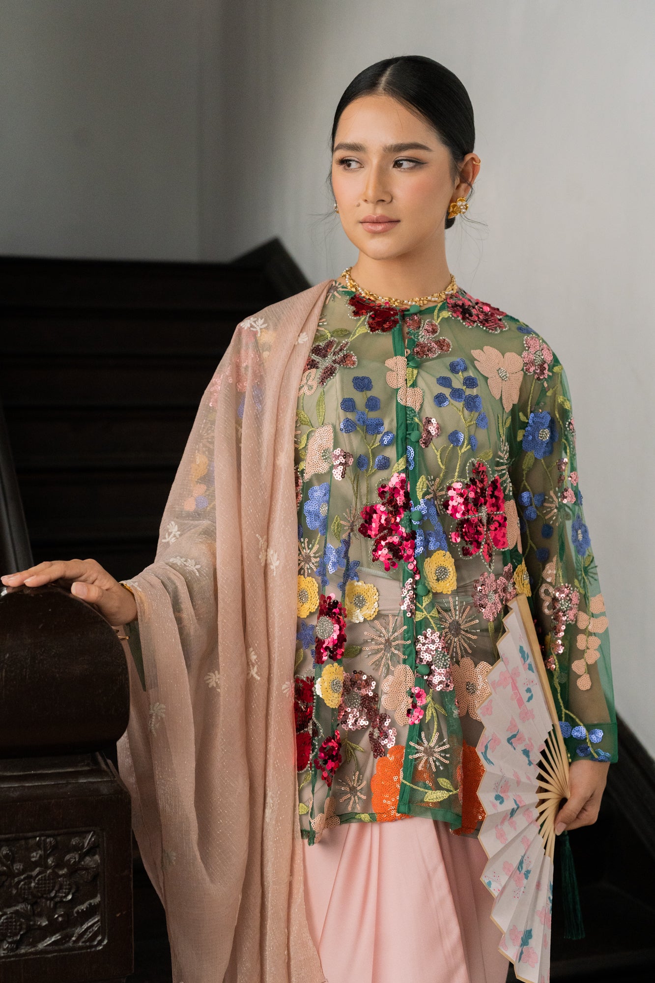 Sekar Net Floral Top in Emerald Green