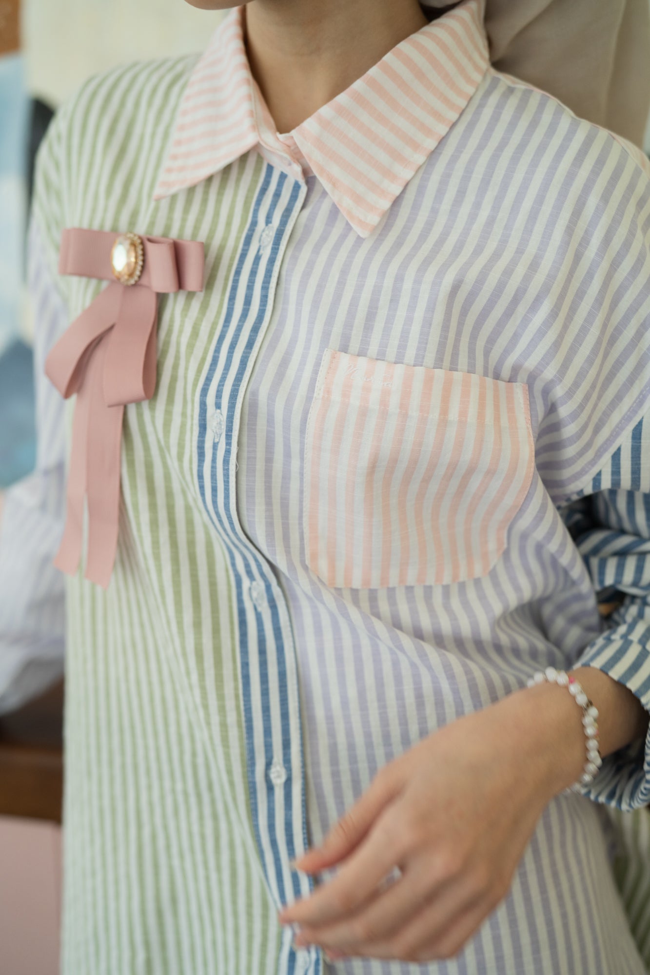 Lolly Multicolored Striped Shirt in Pastel Blue Green Peach Lilac