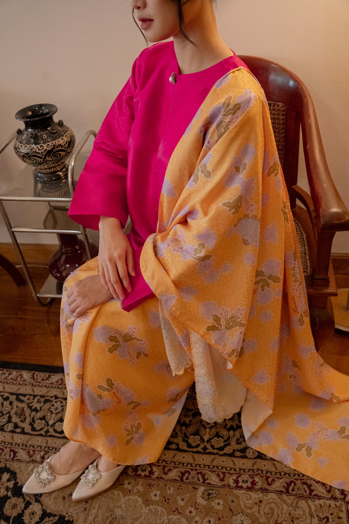 Saleha Print Scallop Selendang / Shawl in Yellow / Lilac