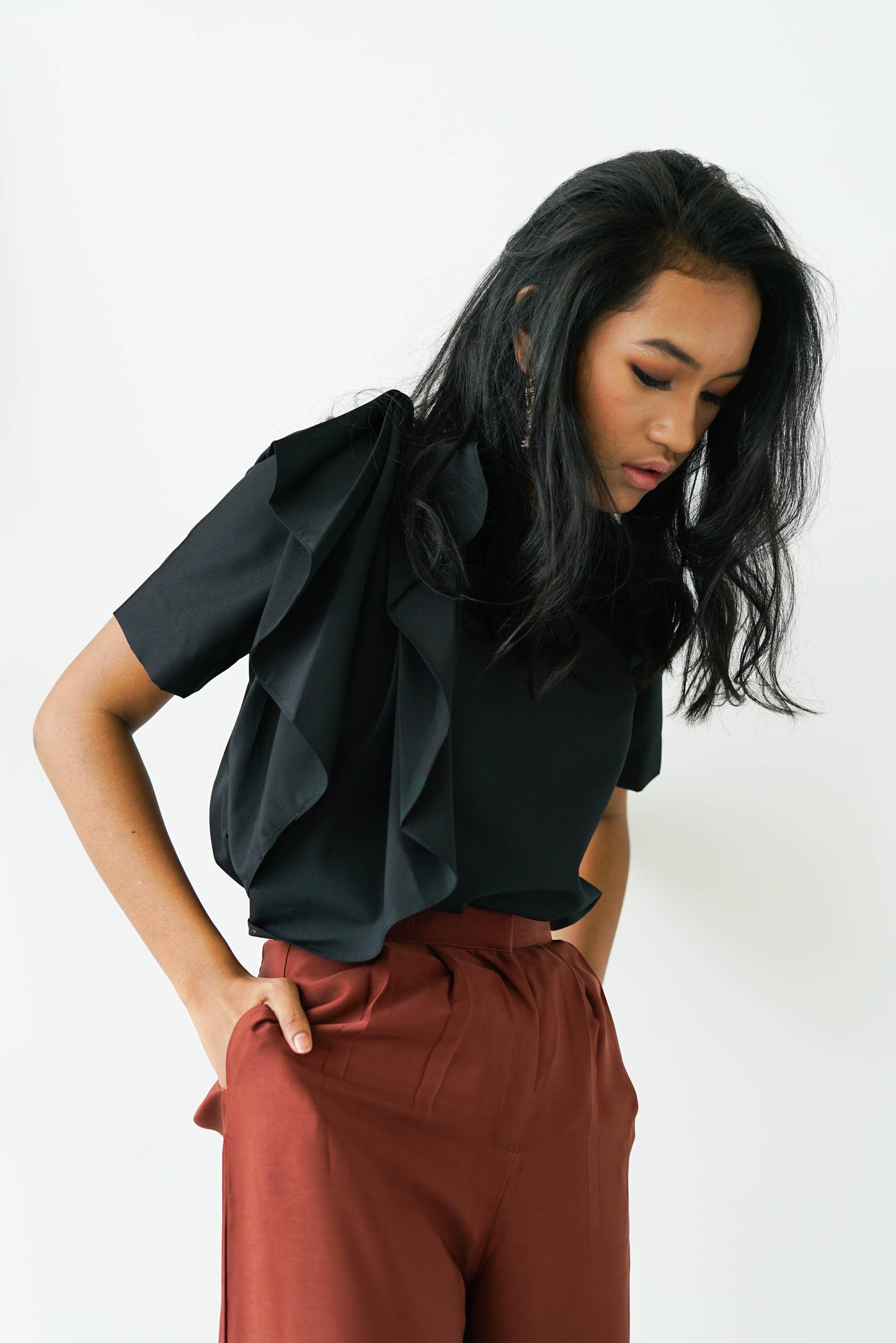 Black Ruffle Pleat Top