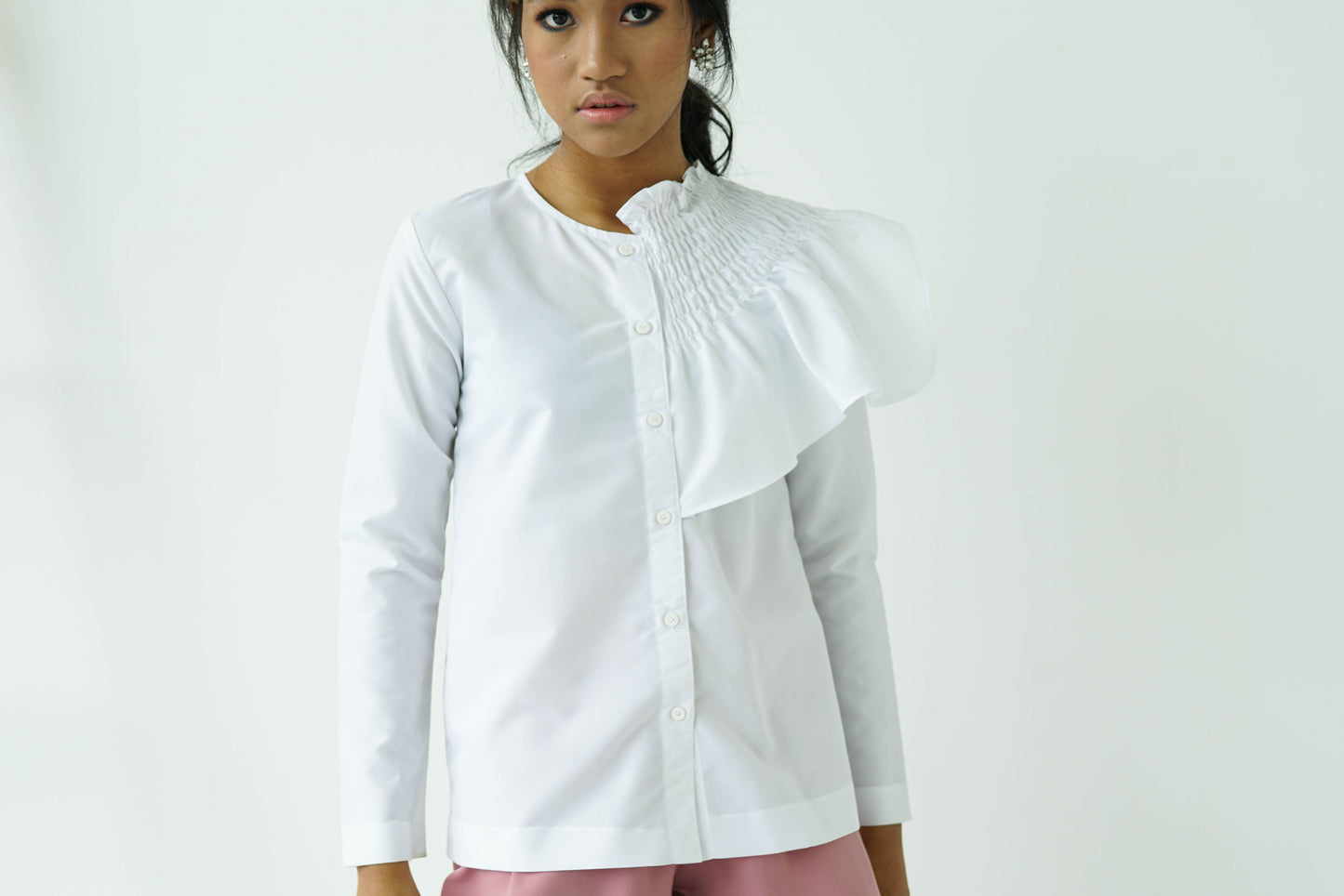 White Side Ruffle Long Sleeve Shirt