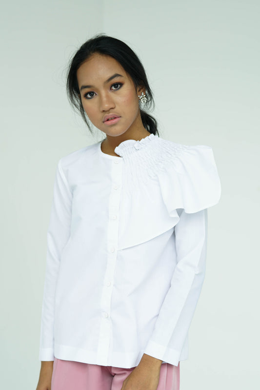 White Side Ruffle Long Sleeve Shirt