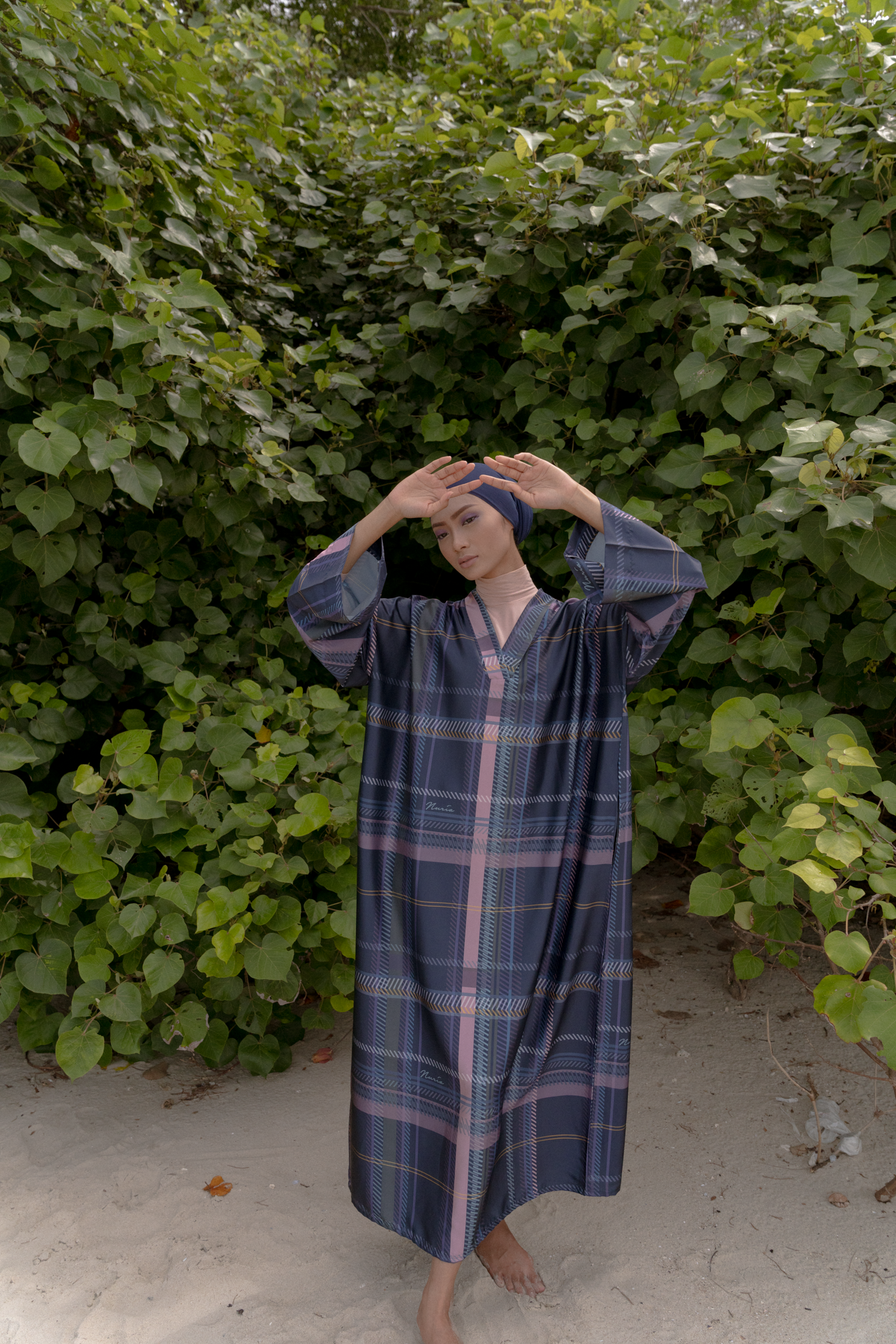 Cempaka Long Kaftan in Navy Blue / Purple