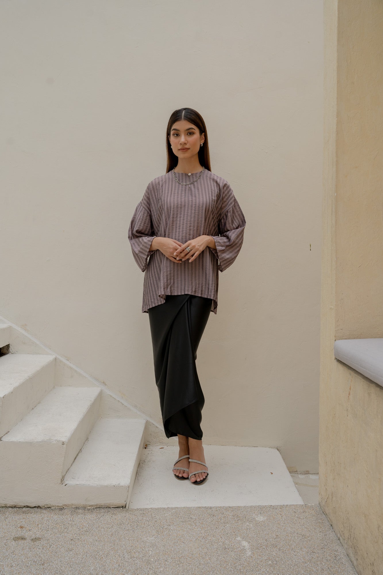 Salma Kurung Kedah Stripes Top in Plum