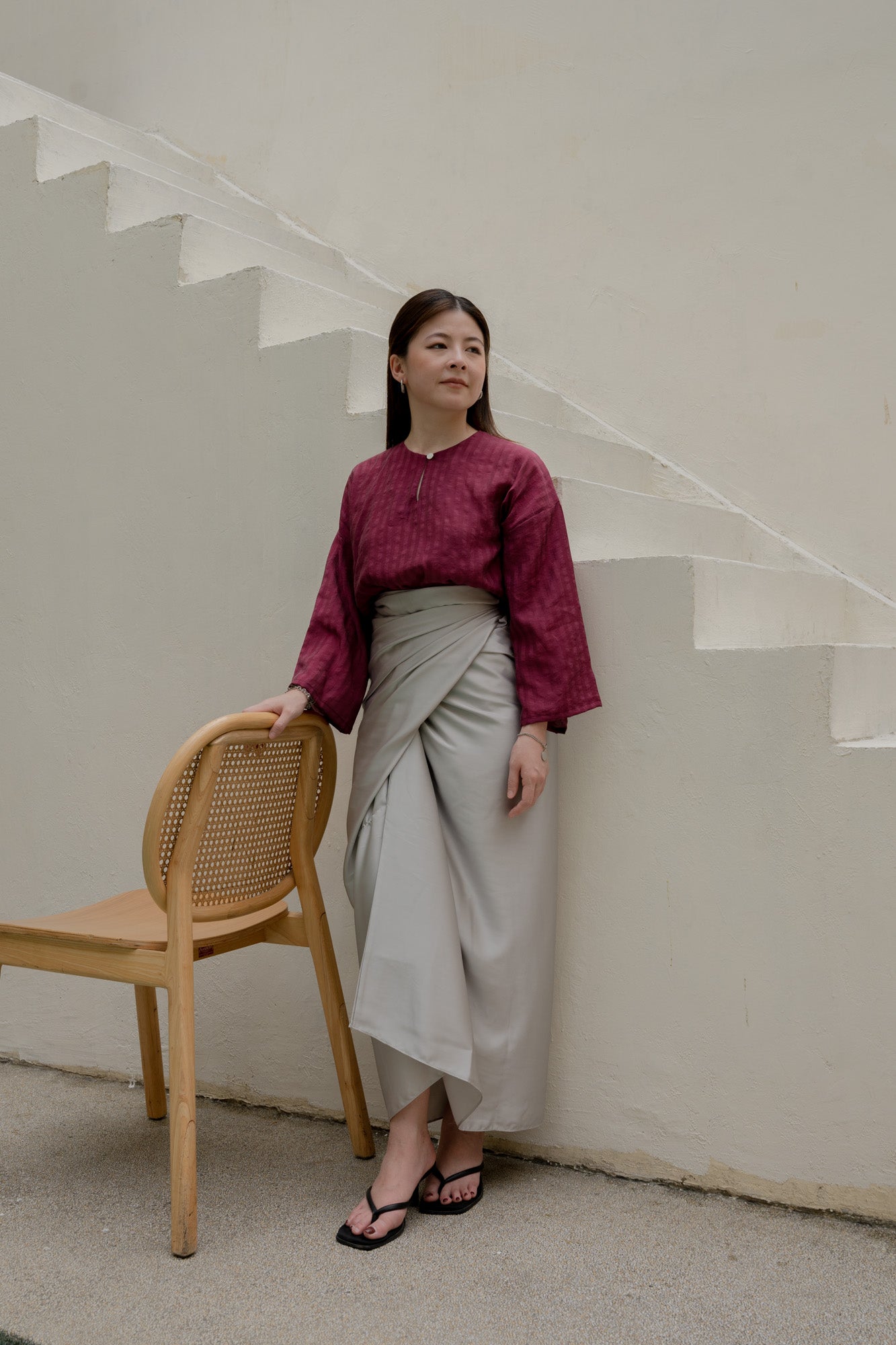 Salma Kurung Kedah Stripes Top in Burgundy