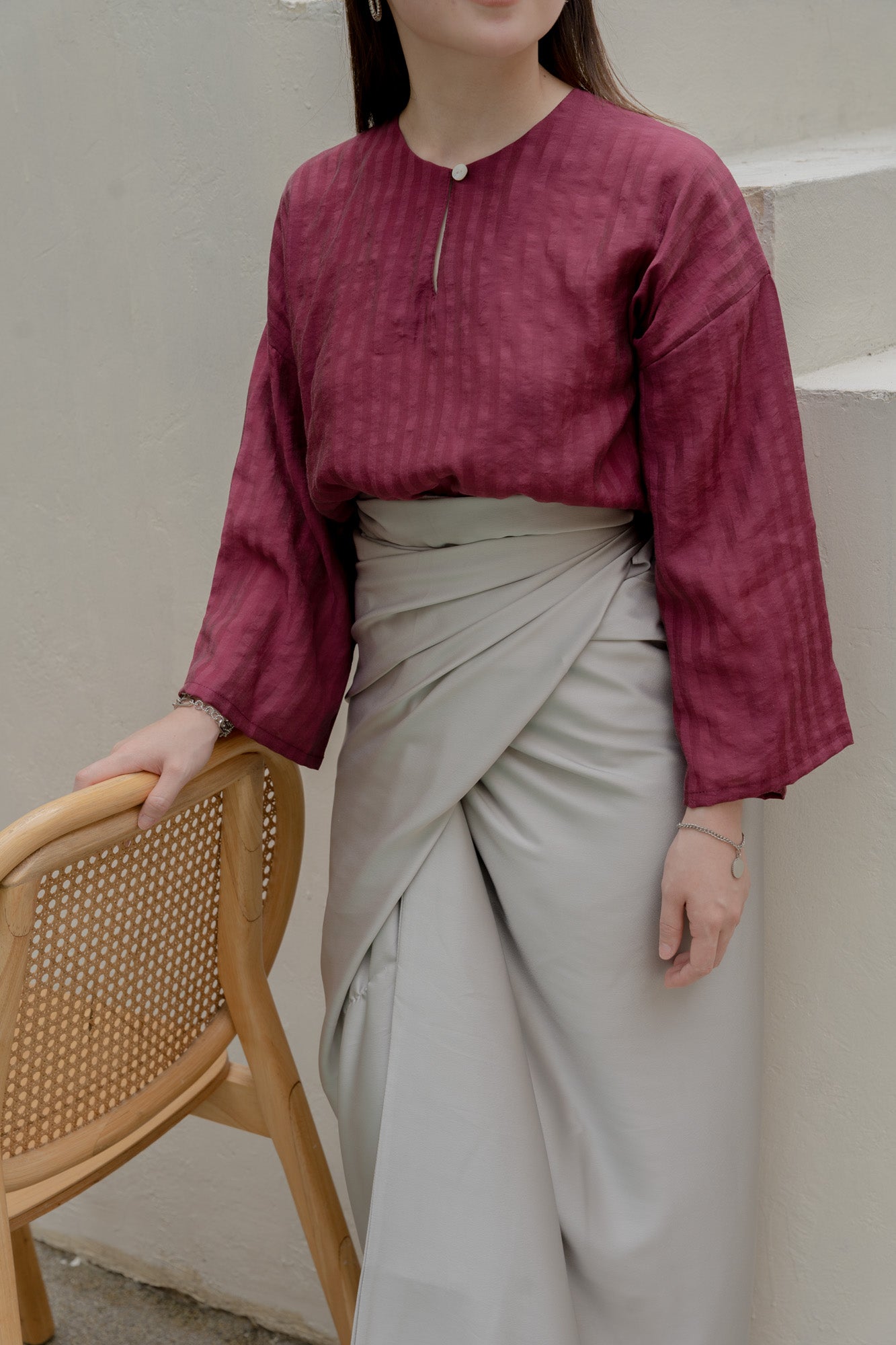 Salma Kurung Kedah Stripes Top in Burgundy