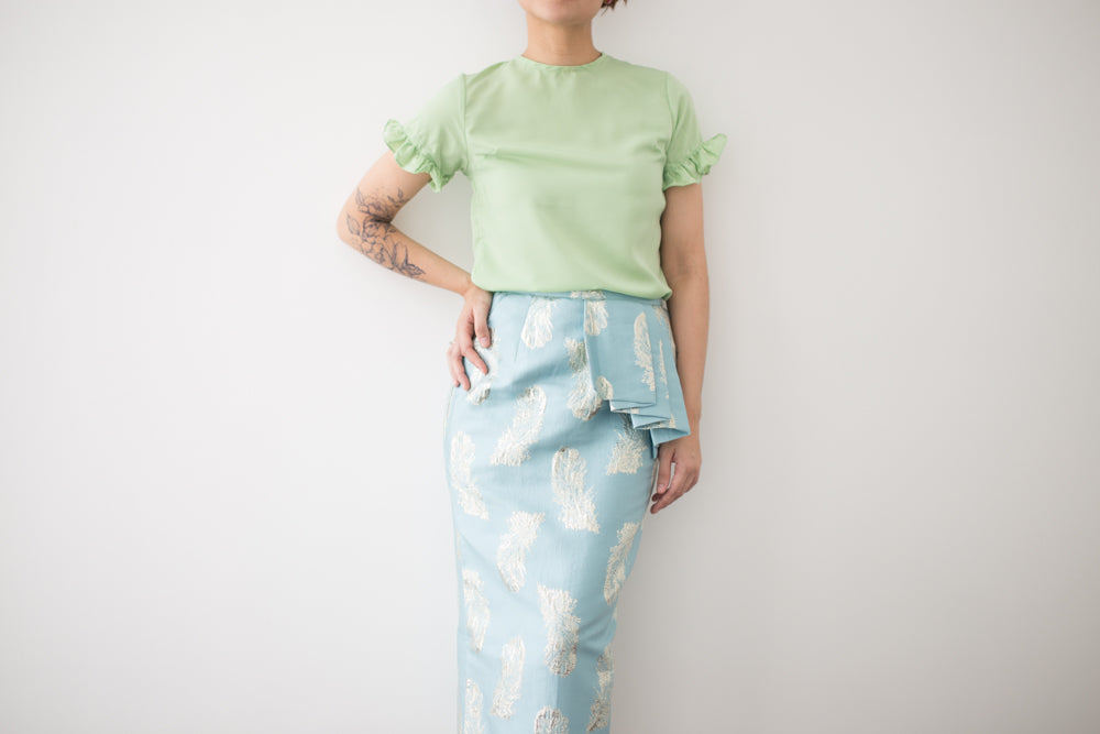 Brocade Side Pleat Skirt in Blue