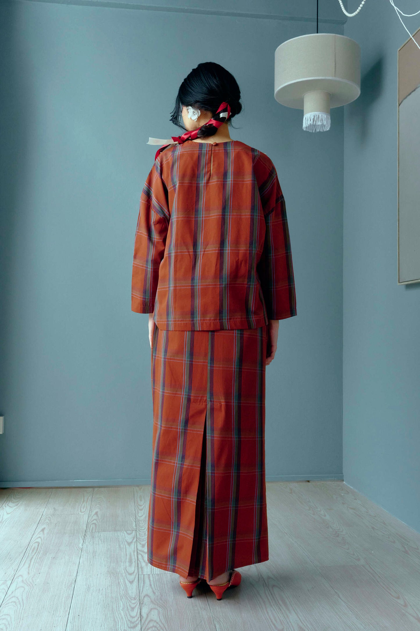 IMARA Lace Checkered Kurung Set in Terracota