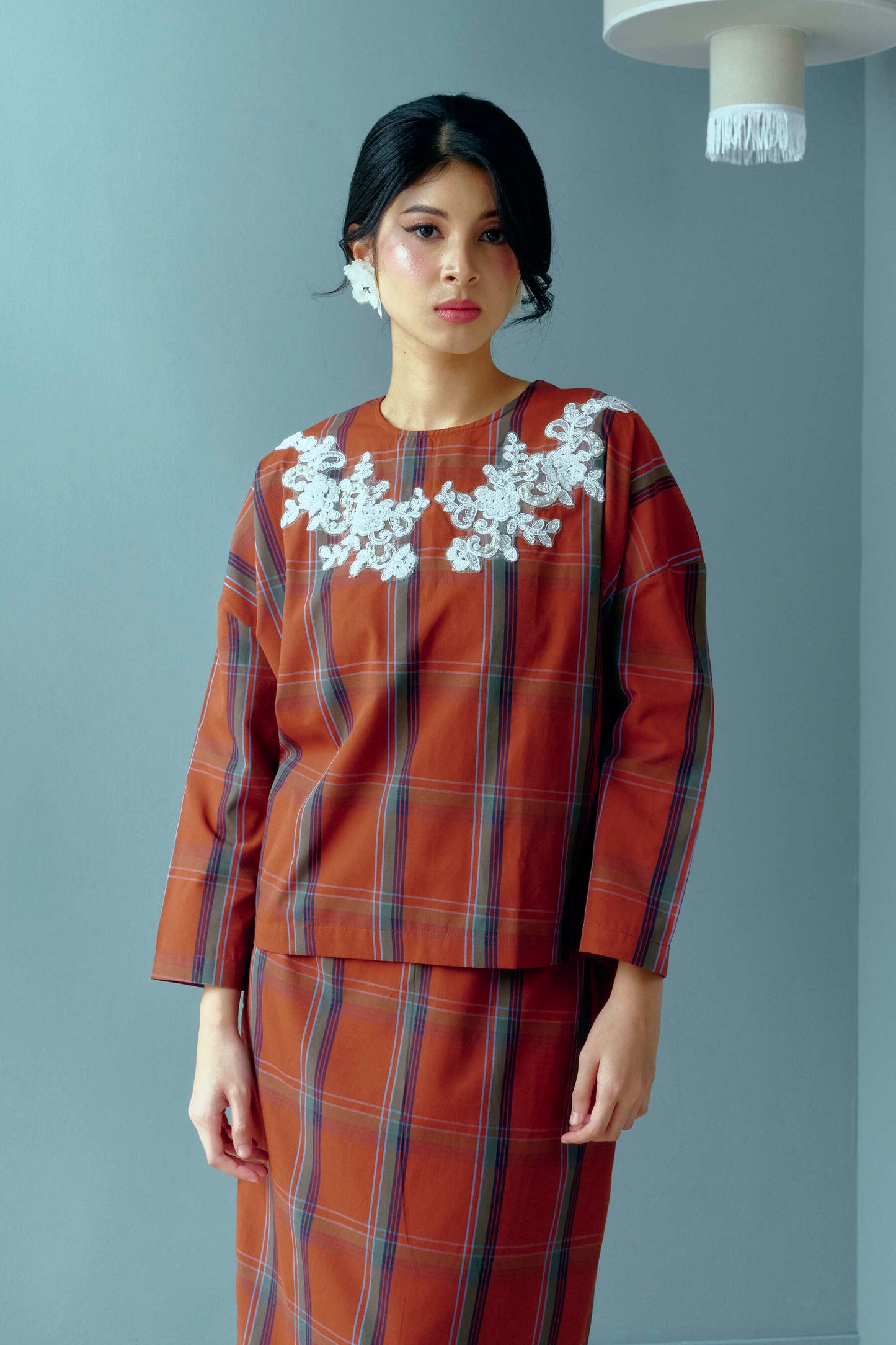IMARA Lace Checkered Kurung Set in Terracota