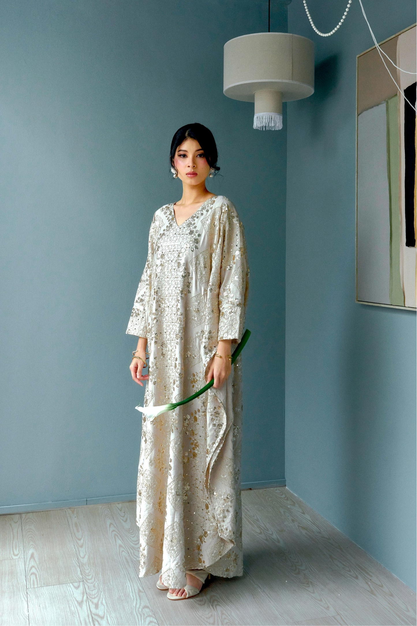 ISHA Beaded Kaftan in Nude Gold