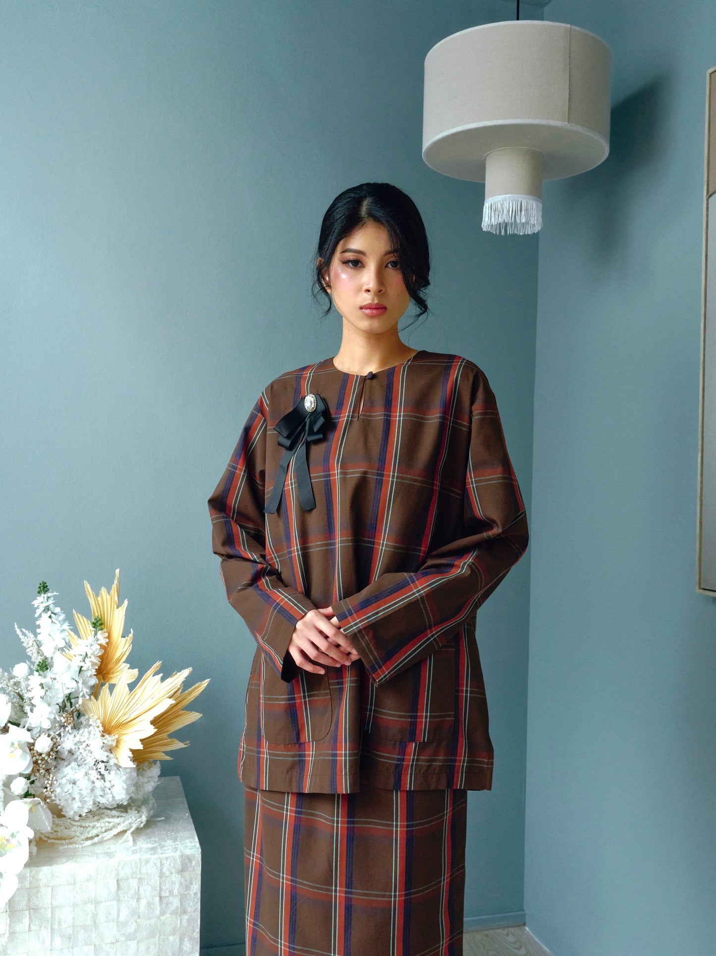 KAVYA Checkered Kurung Set in Dark Brown
