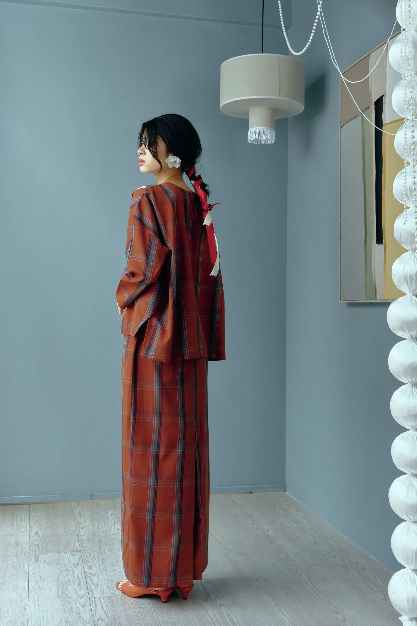IMARA Lace Checkered Kurung Set in Terracota