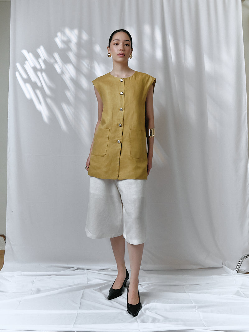 Sora Linen Vest in Olive Green