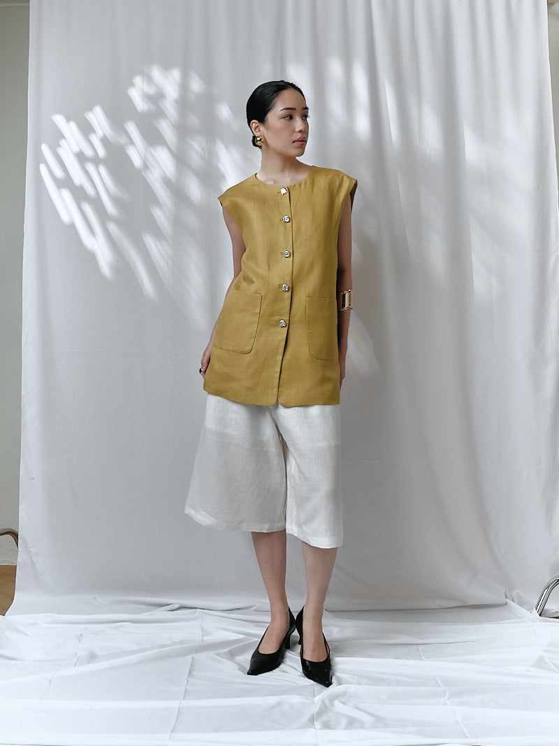 Sora Linen Vest in Olive Green