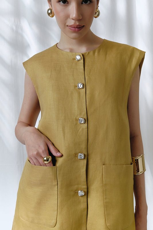 Sora Linen Vest in Olive Green