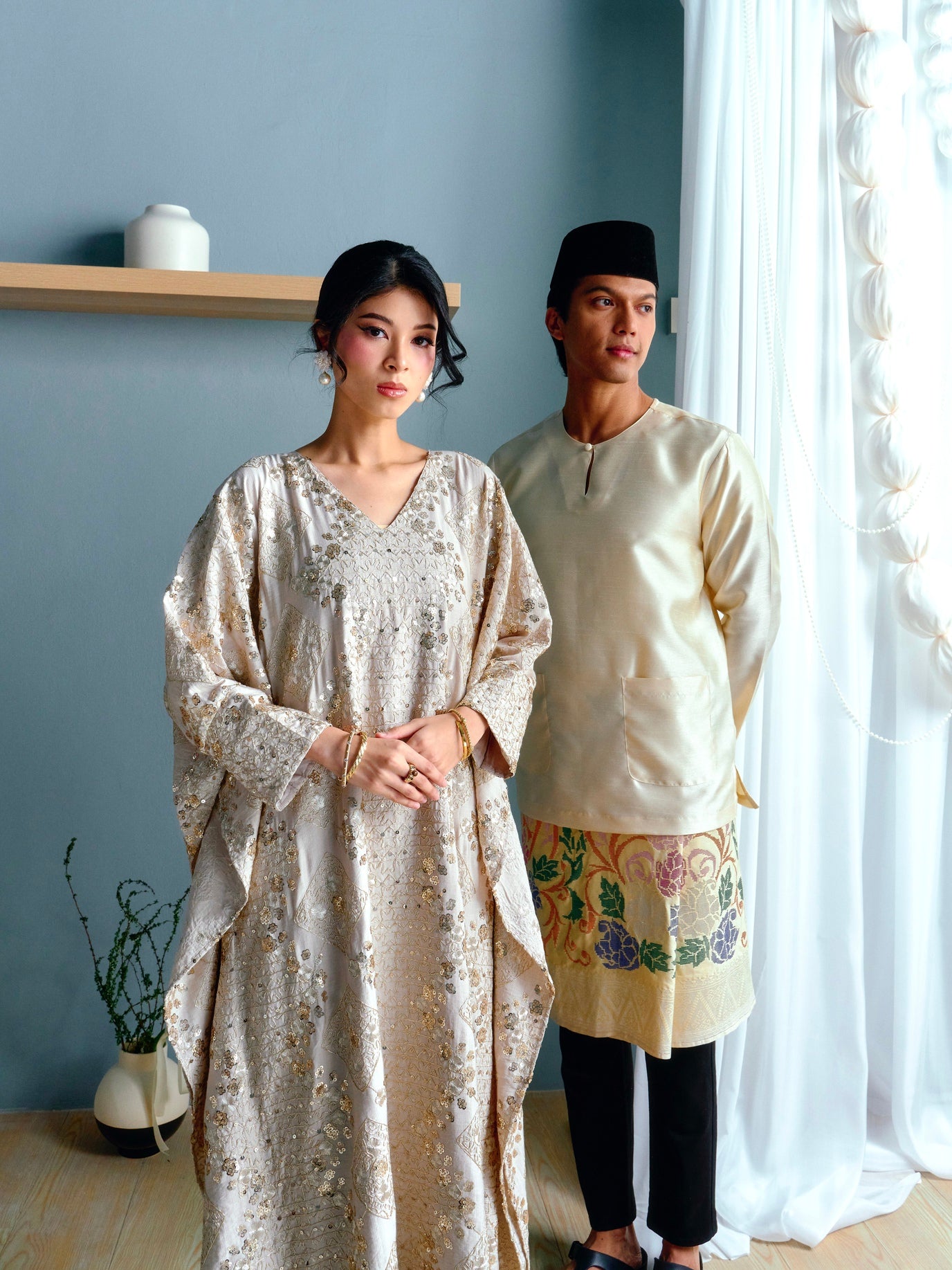 ISHA Beaded Kaftan in Nude Gold