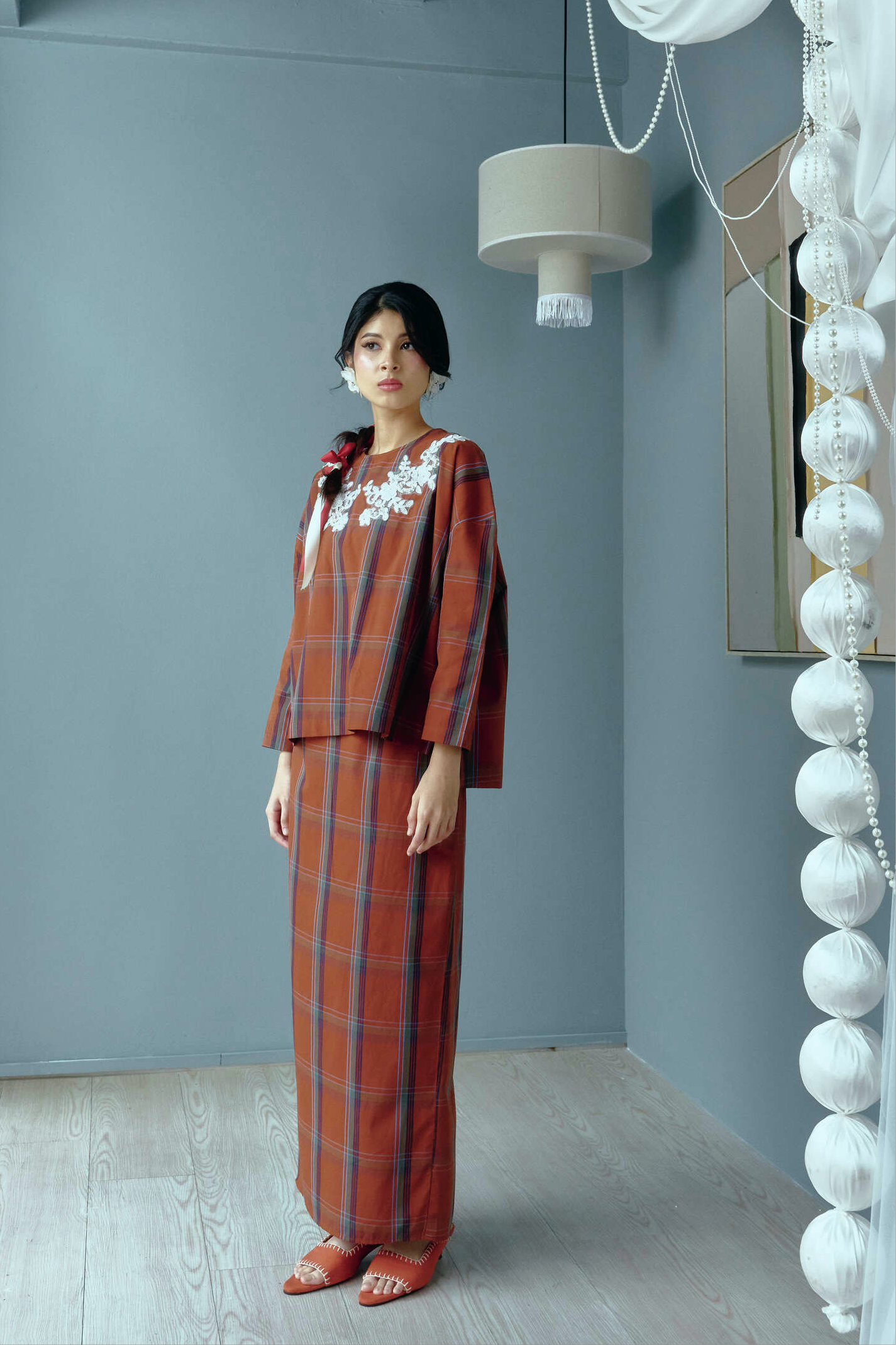 IMARA Lace Checkered Kurung Set in Terracota