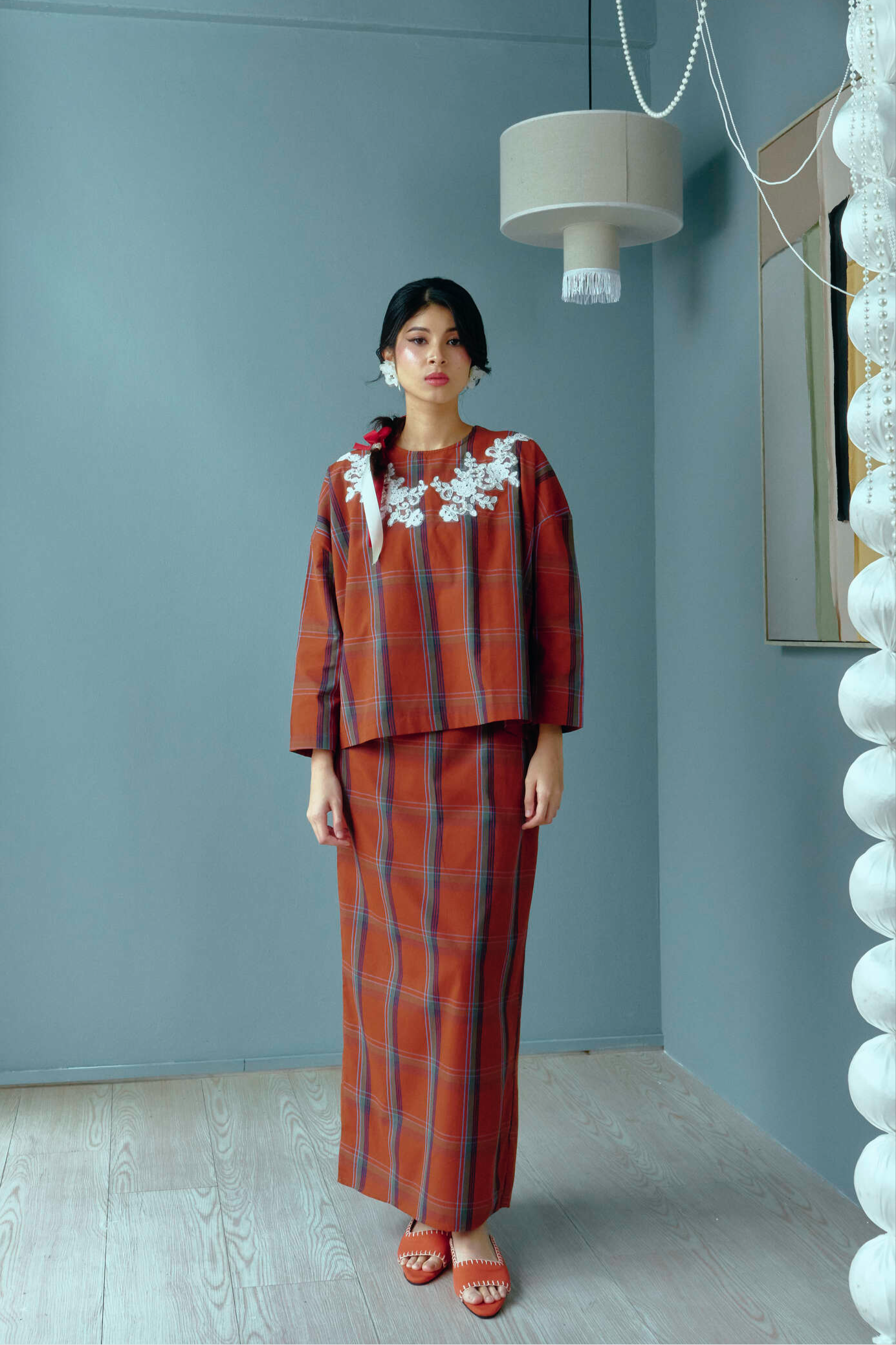 IMARA Lace Checkered Kurung Set in Terracota