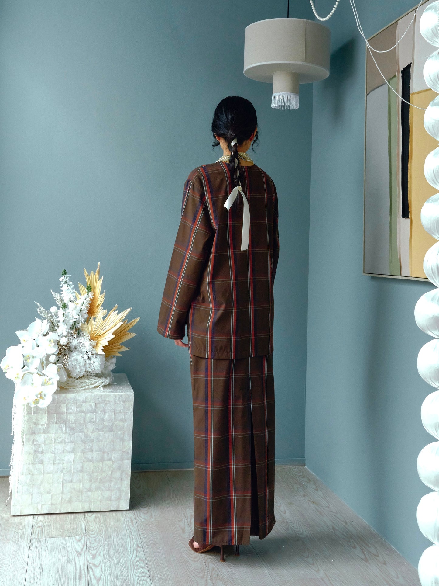 KAVYA Checkered Kurung Set in Dark Brown