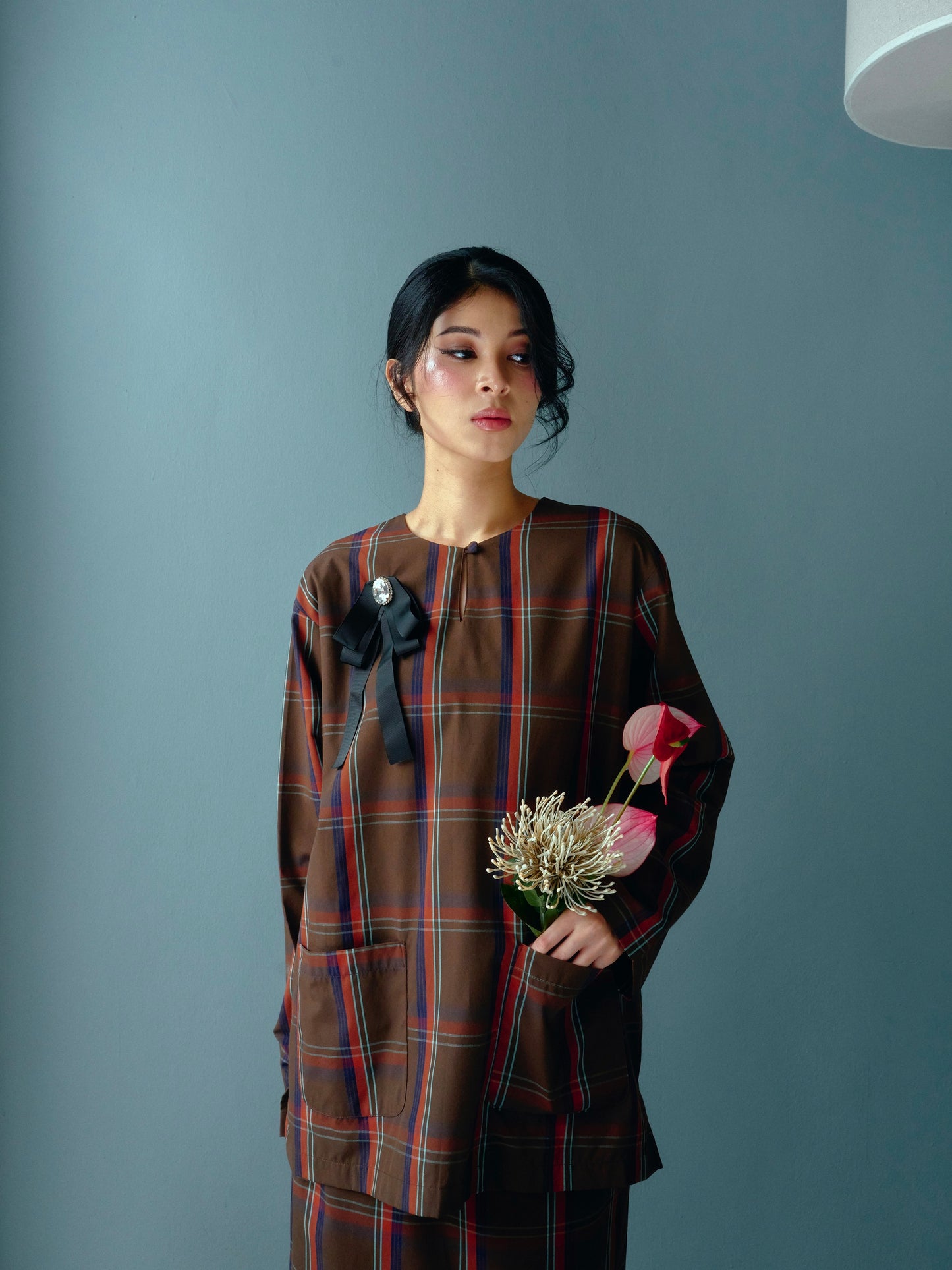 KAVYA Checkered Kurung Set in Dark Brown