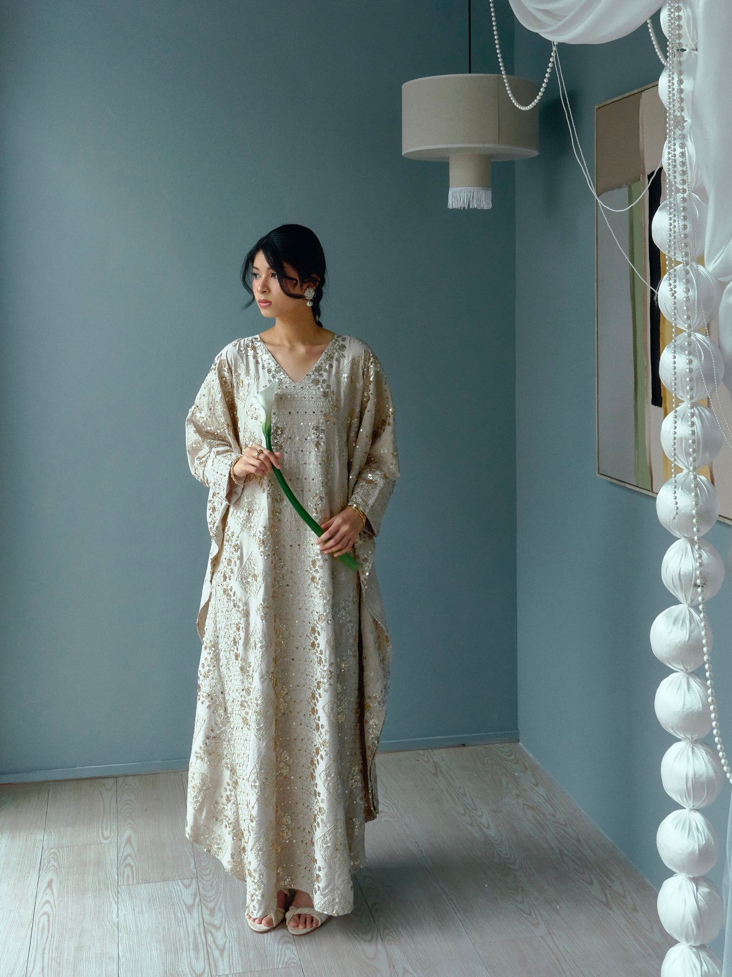 ISHA Beaded Kaftan in Nude Gold