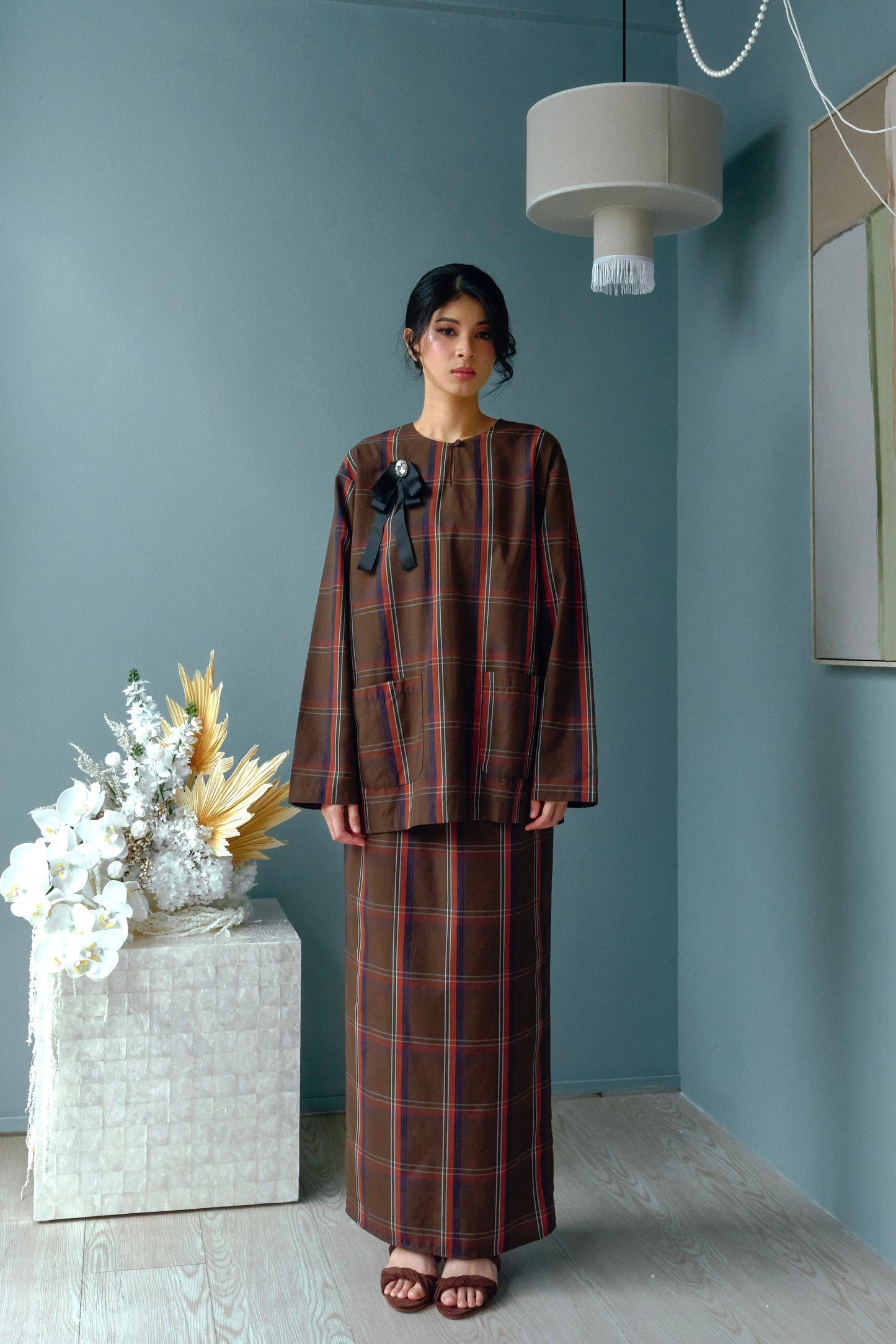 KAVYA Checkered Kurung Set in Dark Brown