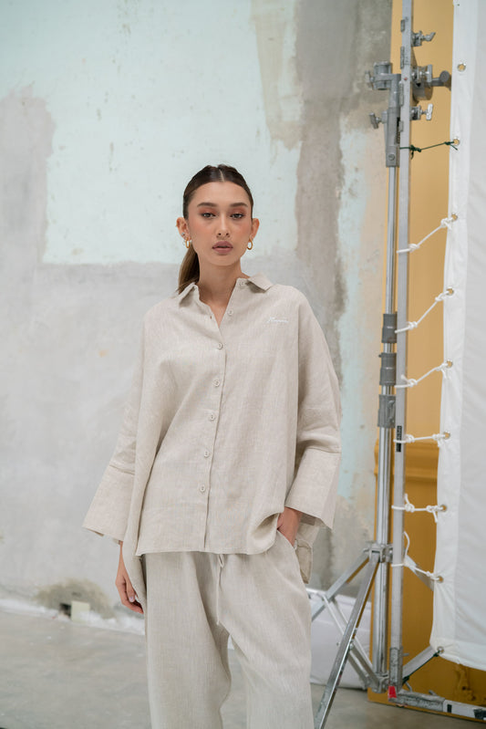 Chloe Linen Batwing Top in Sand
