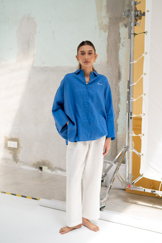 Chloe Linen Batwing Shirt in Blue