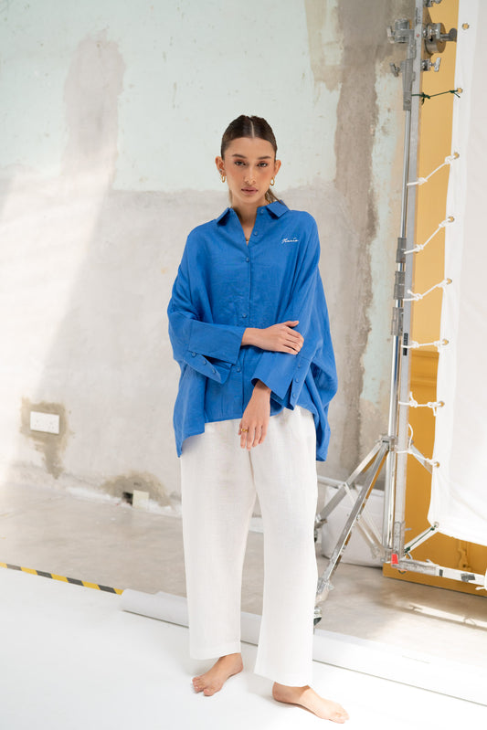 Chloe Linen Batwing Shirt in Blue