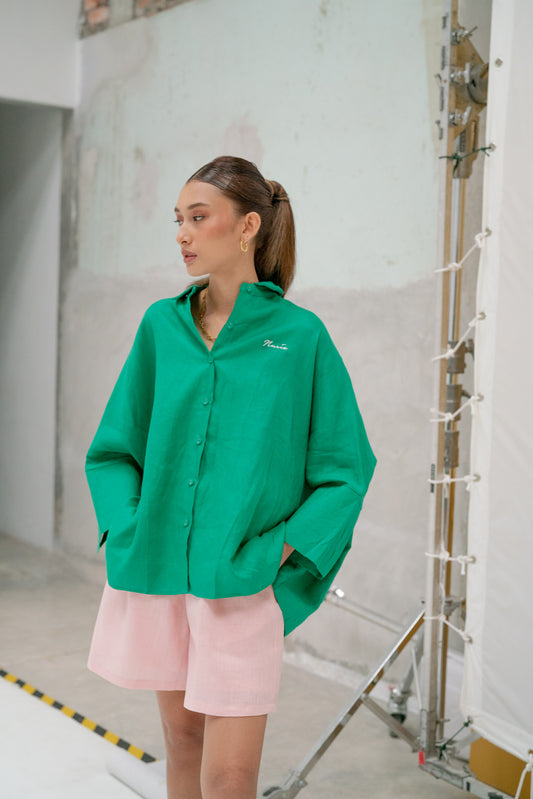Chloe Linen Batwing Shirt in Green