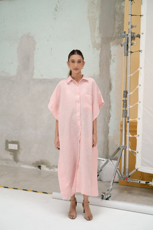 Hailey Linen Kaftan Dress in Pink