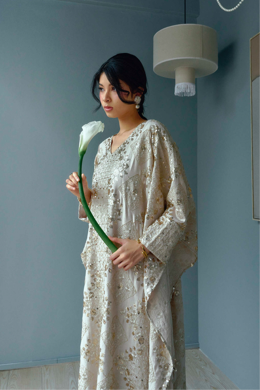ISHA Beaded Kaftan in Nude Gold
