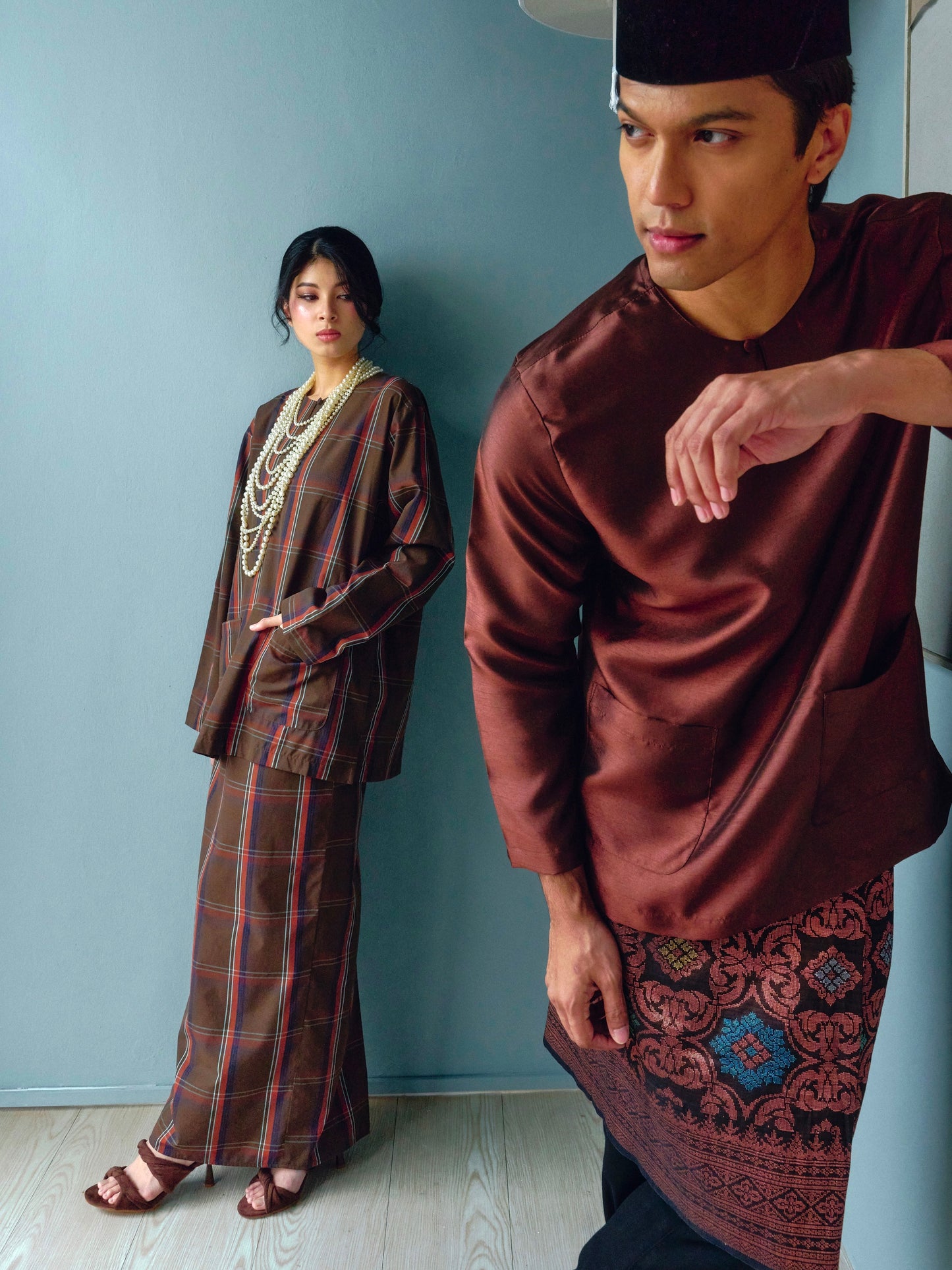 KAVYA Checkered Kurung Set in Dark Brown
