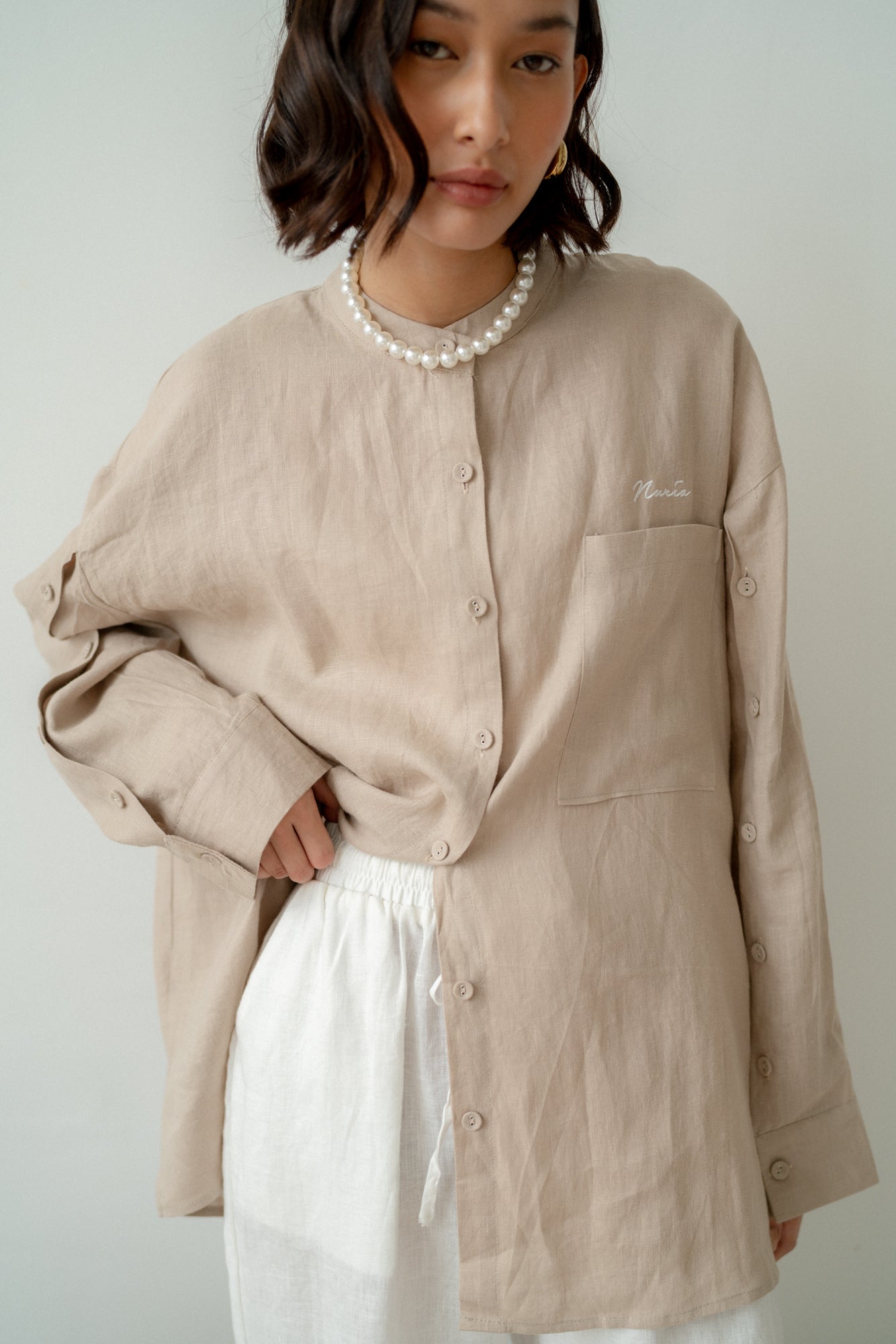 Marcella Button Sleeves Top in Sand