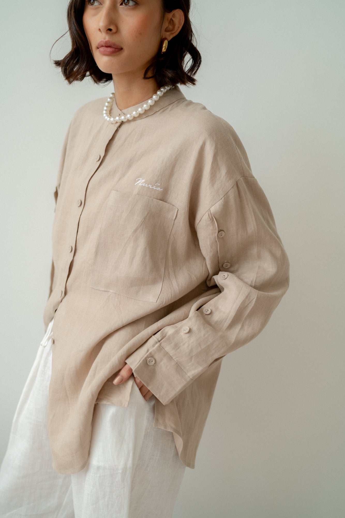 Marcella Button Sleeves Top in Sand