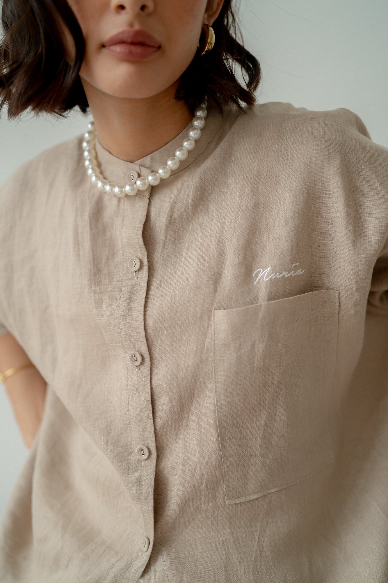 Marcella Button Sleeves Top in Sand